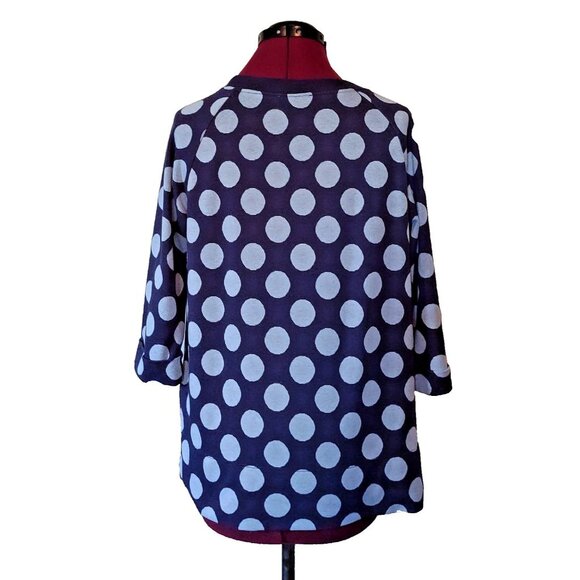 Coldwater Creek Women’s Knit Top Medium Blue Polka Dot Hi-Low Hem Side Split - Picture 2 of 7